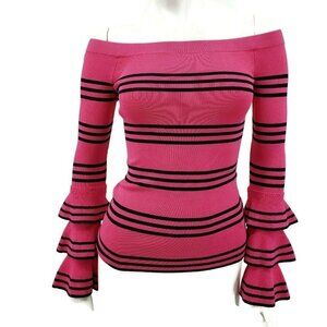 New Scripted Top Womens XS Pink Black Stripe Off  Shoulder Sweater Bell Sleeve